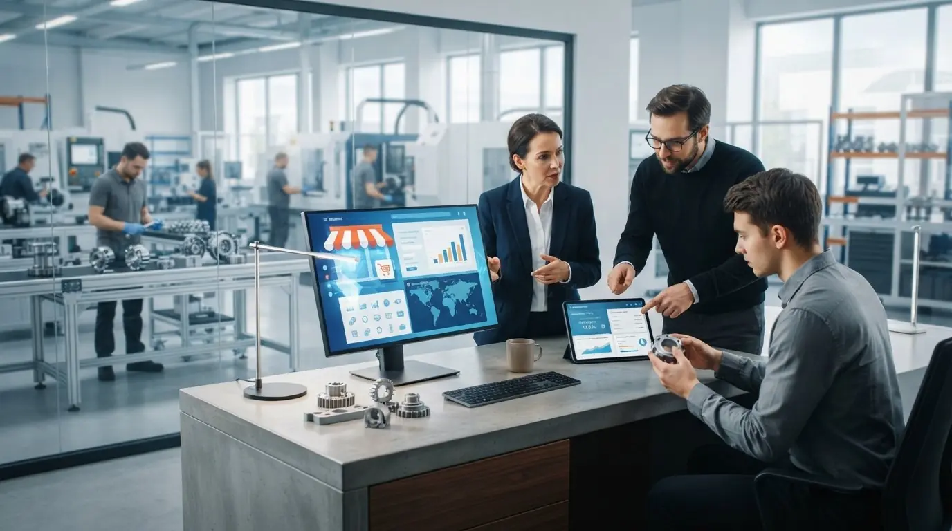 Manufacturing team reviewing an e-commerce store and sales dashboard in a factory