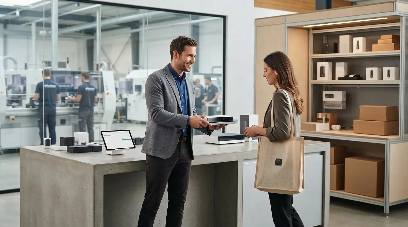 Manufacturer handing a product directly to a customer in a factory showroom